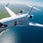 Private jet flying over scenic landscapes during luxury travel.