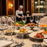 Elegant dining table with gourmet food and chef.