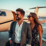 Luxusreisen mit einem Privatjet und einem eleganten Paar.