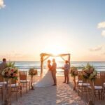 Hermosa decoración de boda en la playa con fondo oceánico.