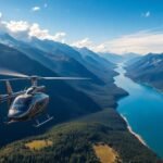 Scenic helicopter flying over beautiful mountain landscapes.