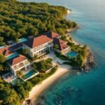 Aerial view of a secluded luxury resort in nature.