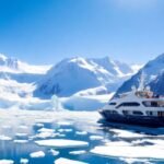 Yacht de luxe au milieu du paysage glacé époustouflant de l'Antarctique.