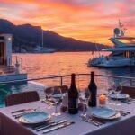 Luxury travel scene with yacht and gourmet dining.