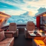 Luxury travel with a private jet and elegant interior.
