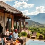 Luxurious travelers enjoying cultural experiences in a scenic landscape.