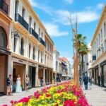 High-end shopping street with luxury boutiques and elegant shoppers.