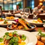 Pratos elegantes com estrelas Michelin lindamente dispostos em uma mesa.