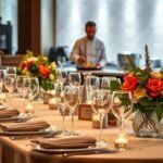 Elegant dining table with gourmet food and floral decor.
