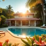 Luxurious villa with pool and tropical garden setting.