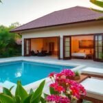Romantic private villa with lush greenery and sunset glow.