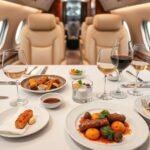 Gourmet meal served on a private jet dining table.