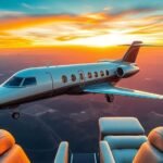 Jet privé en vol au-dessus de magnifiques paysages au coucher du soleil.