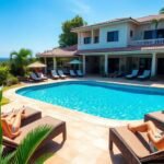 Group of friends relaxing by a private villa pool.