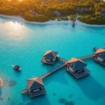 Luxurious overwater villas in clear turquoise waters.