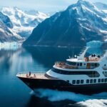 Luxury cruise ship in breathtaking icy fjords and mountains.