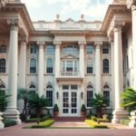 Exterior of a luxurious historic mansion with gardens.