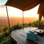 Luxury glamping tent in a breathtaking natural setting.