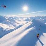 Heli-skiing in snowy mountains with a helicopter overhead.