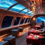 Luxuriöses Raumschiffinterieur mit Passagieren, die die Sterne genießen.