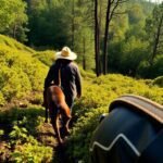 Person and dog hunting for truffles in forest.