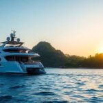 Luxury yacht on clear waters near tropical island.