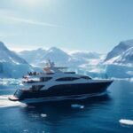Luxury yacht sailing through stunning Arctic ice scenery.
