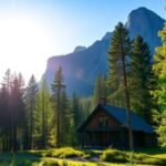 Luxury cabin in a tranquil forest landscape.