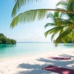 Private island beach with yoga mats and palm trees.