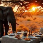 Luxurious safari picnic with an elephant at sunset.