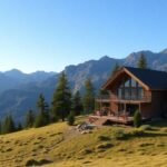 Cabana de luxo na natureza, cercada por montanhas e árvores.