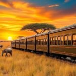 Luxurious safari train in African landscape at sunset.