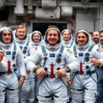 Astronauts training in space suits at a facility.