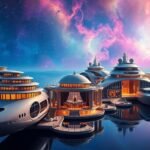 Futuristic space resort with spacecraft against a galaxy backdrop.