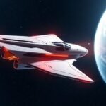 Nave espacial de luxo viajando pelo cosmos com a Terra visível.