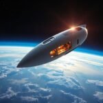 Luxury spacecraft in orbit above Earth with starry background.