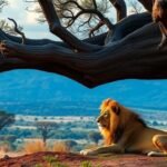 Lion resting under a baobab tree in stunning landscape.