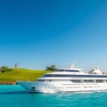 Luxury cruise with golfers on a beautiful green island.
