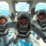 Astronauts enjoying zero gravity inside a spacecraft, smiling.