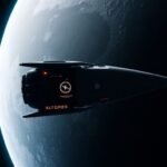Futuristic spacecraft near the moon with Earth in background.