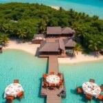 Aerial view of a private island dining setup.