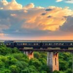 Luxury train travels through beautiful African landscapes.