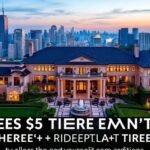 Luxurious mansion with city skyline in background.