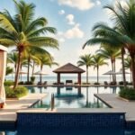 Luxury resort with cabanas and designer fashion elements.