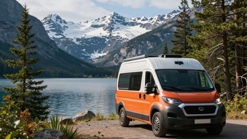 Campervan parked by a lake in the Canadian mountains.