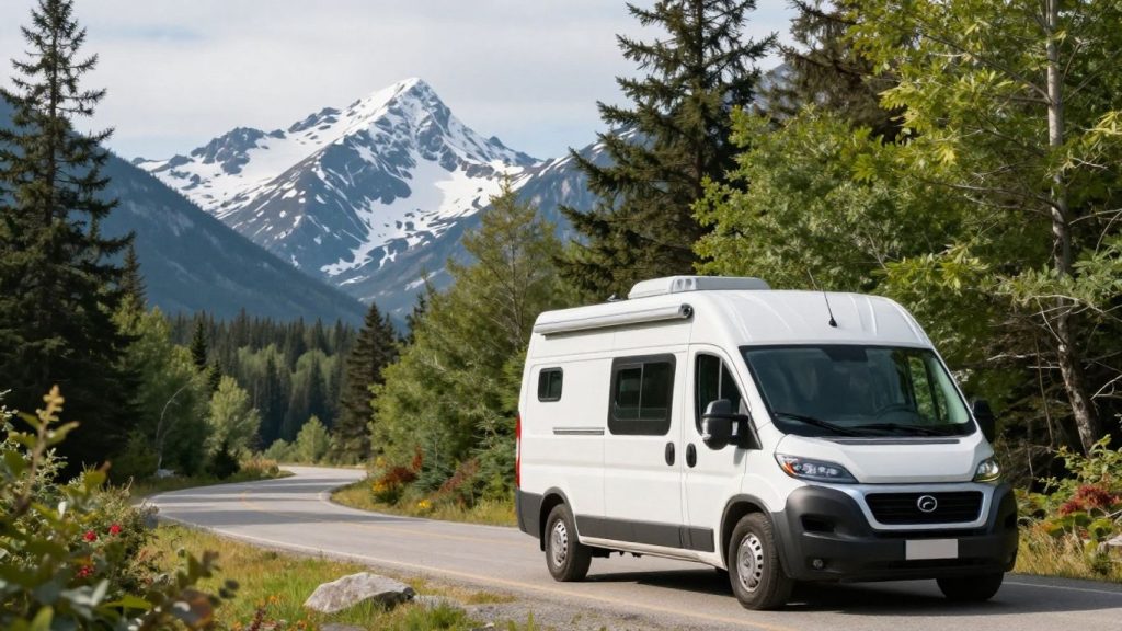 Campervan parked with Canadian mountains backdrop.