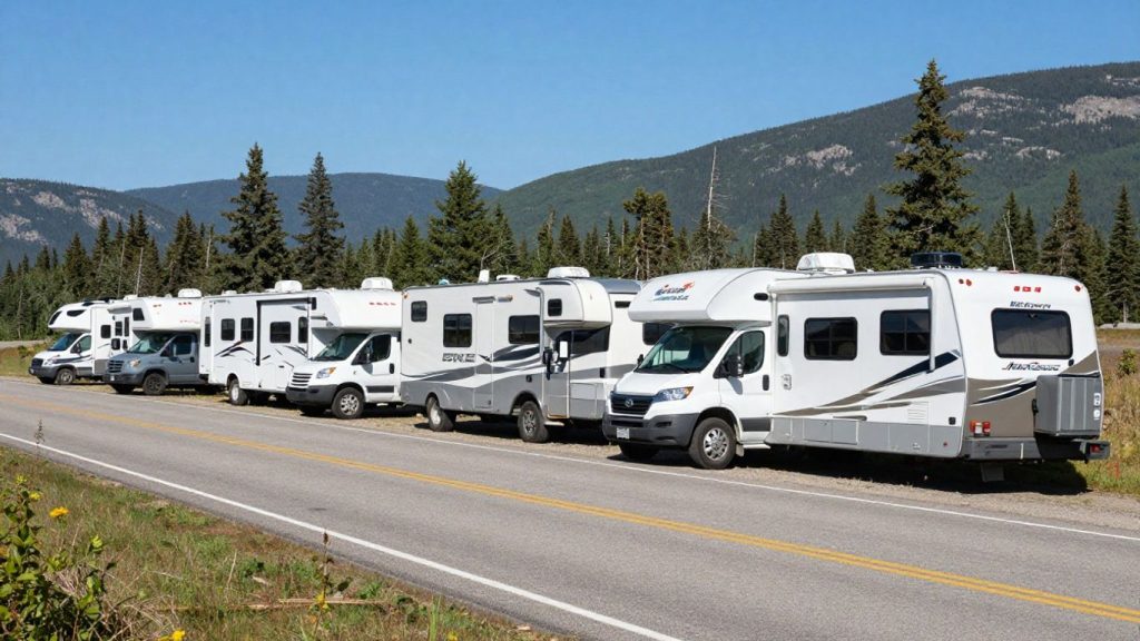 Various RVs parked on a scenic Canadian roadside.