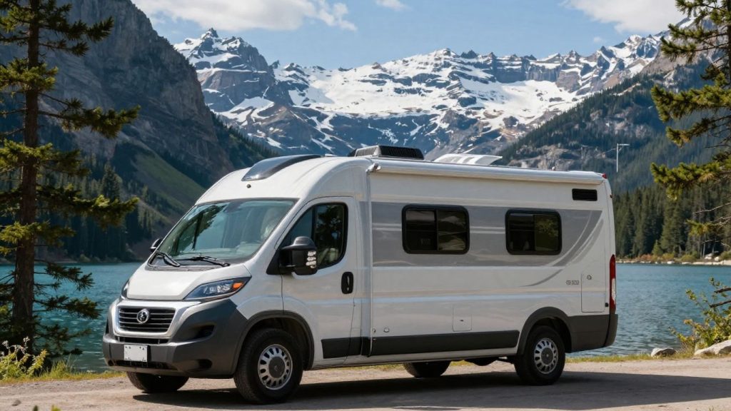 Motorhome parked by a lake in Canada