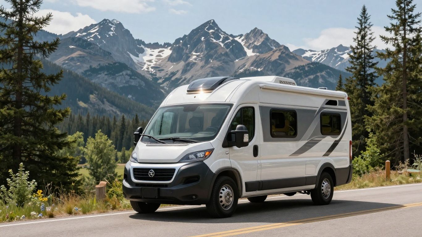 RV parked near Canadian mountains on a sunny day.