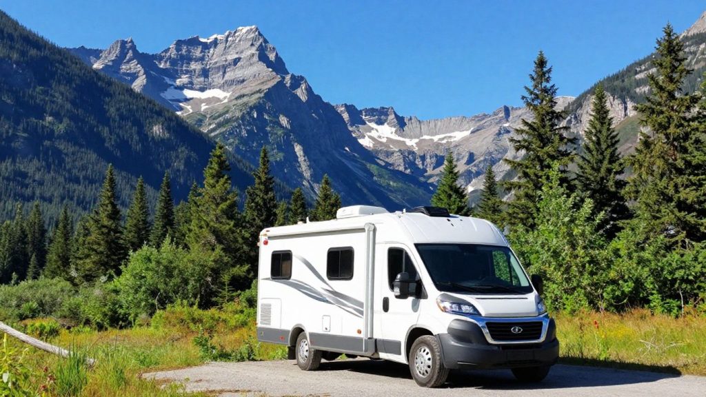 RV parked in scenic Canadian mountains under blue sky.